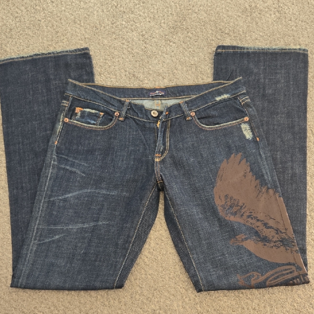 Classic Blue Denim Straight Leg Jeans with Eagle Detail